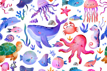 Naklejka premium Cute sea life seamless pattern with ocean animals fish whale octopus for baby shower birthday children wallpaper wrapping paper hand drawn cartoon illustration