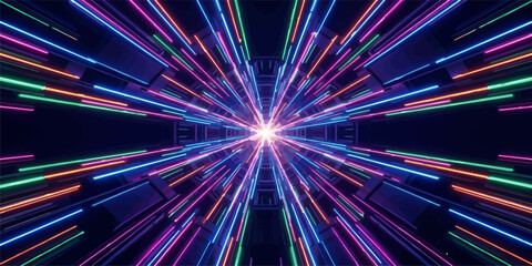 Neon radial light beams forming a futuristic star tunnel with science fiction abstract futuristic cyberpunk colorful geometry perspective background technology electronic electric infinite © Romana
