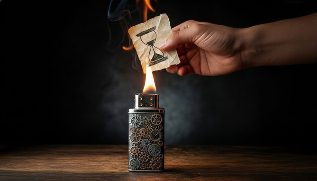 Hand holding a burning piece of paper with an hourglass sketch over a vintage lighter