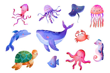 Fototapeta premium Cute sea life big clipart set with whale dolphin octopus turtle seahorse jellyfish fish for children birthday stickers hand drawn cartoon illustration collection