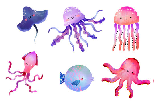 Cute ocean creatures element set with octopus jellyfish squid stingray for baby shower children birthday stickers invitations hand drawn cartoon illustration