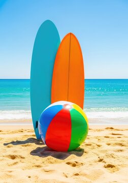 Vibrant summer holiday scene featuring a colorful beach ball and surfboards on golden sand by sparkling turquoise ocean water in bright sun, travel, beach, sunshine