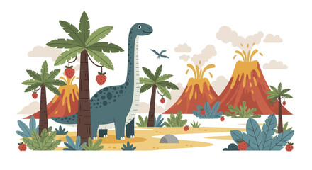 Long-Necked Brontosaurus Dinosaur in Prehistoric Landscape. © Berkah