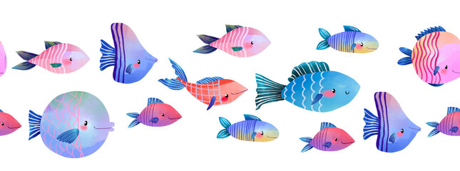 Obraz premium Seamless background banner border pattern with cute colorful hand drawn cartoon fish for summer beach party decorations school supplies wrapping paper