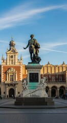 Obraz premium A bronze statue stands on a weathered stone pedestal against historic urban architecture in a large public square inside an old city district, metal, design, light