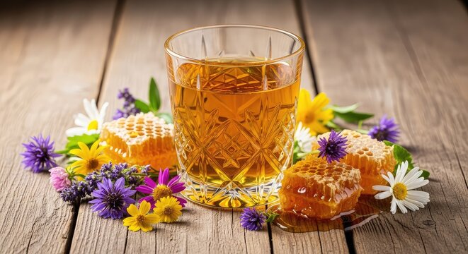A crystal glass filled with golden honey mead glows under warm light, surrounded by wildflowers and honeycomb on a rustic wooden table, flowers, floral, petals