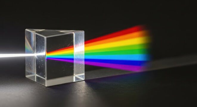 A crystal glass triangular prism refracting a single beam of bright white light into a vibrant rainbow color spectrum on a dark background, colors, separation, refraction