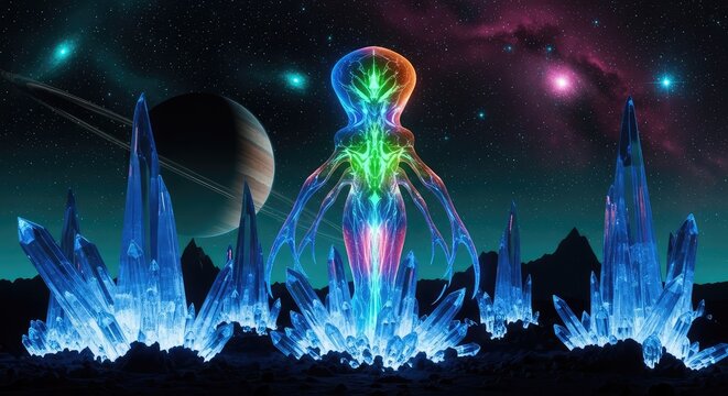 A glowing bioluminescent extraterrestrial entity stands amidst sharp crystal formations under a dark starry sky on a distant alien world, organic, eyes, space