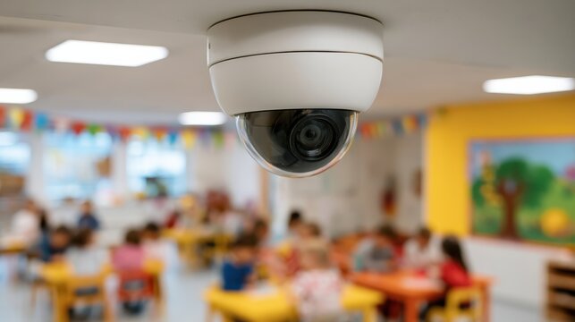 A surveillance camera is installed indoors, monitoring a brightly colored room with people sitting and interacting in the background.