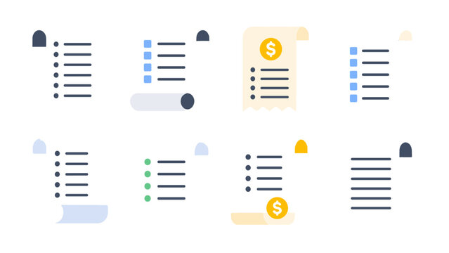 Set of receipt and checklist document icons in flat style