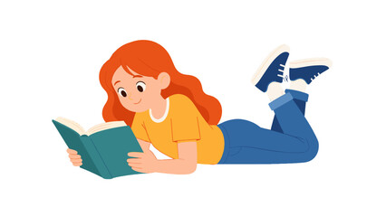 Obraz na płótnie Canvas Young girl lying on floor and reading a book illustration