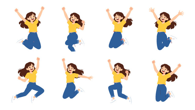 Set of happy jumping girl character poses in flat vector style