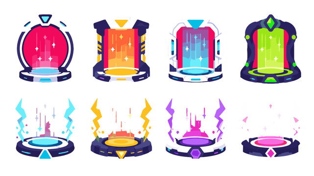 Set of futuristic teleport portal platforms in neon colors