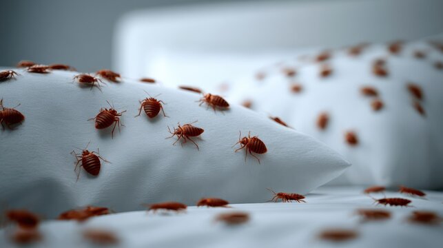 Close-up of numerous bedbugs crawling on white pillows, highlighting a severe infestation issue.