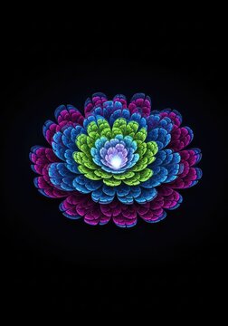 A mesmerizing futuristic fractal flower glows with ethereal light, featuring intricate geometric patterns and vibrant neon petals on dark, futuristic, shine, background