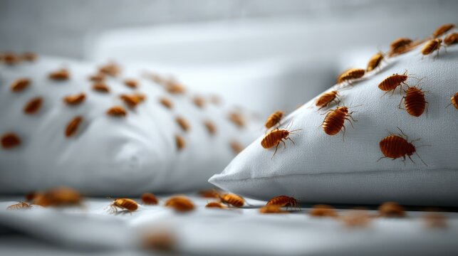 Numerous bedbugs crawling on white pillows and bedding, indicating infestation and the need for pest control.