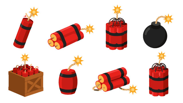 Set of explosive bomb and dynamite icons in flat vector style