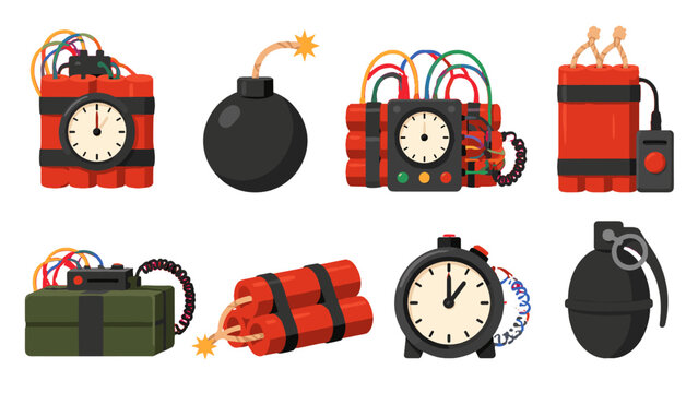 Set of explosive devices, bombs, dynamite and timer icons