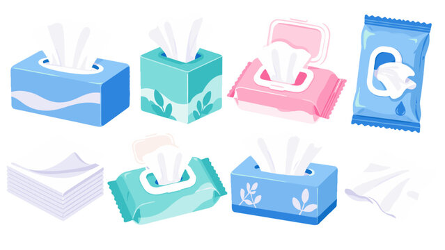 Set of tissue boxes, wipes packs, and folded napkins