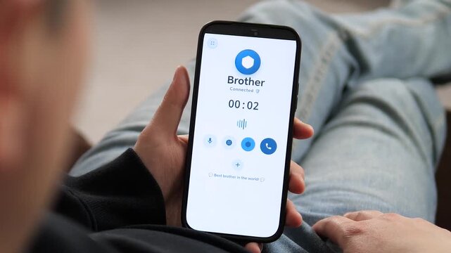 Emotional connection. A man calls his brother on a smartphone app. Realistic call interface with active timer and voice waves. Perfect for telecommunications, banking, and family-oriented commercials