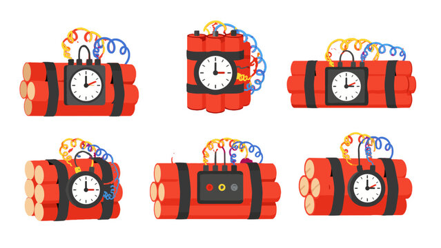 Set of cartoon dynamite bombs with timers and wires
