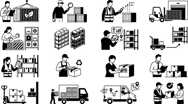 Global supply chain and cargo delivery icon set, warehouse inventory management, commercial freight transport solid outline , vector illustration