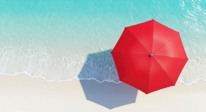Top down view of a bright red sunshade on a tranquil tropical beach with turquoise ocean waves washing over soft white sand in summer sun, getaway, white sand, ocean