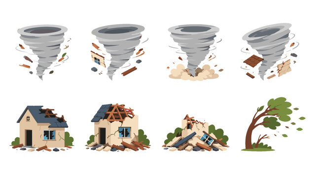 Set of tornado and storm damage illustrations with ruined house