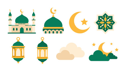 Islamic festive icon set with mosque lantern crescent and star © Alan