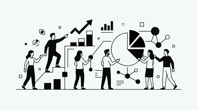 A group of business professionals analyze and discuss growth charts and graphs
