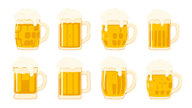 Set of frothy beer mugs in different glass shapes