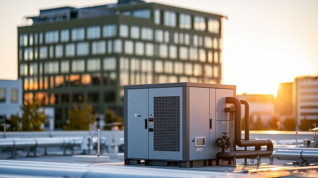 Medium shot of a compact rooftop CHP unit with heat recovery pipes sharply in focus softly blurred green office building background in warm goldenhour sunlight.