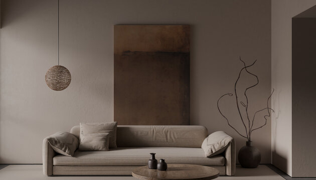 Luxury Lounge Environment Showcasing Neutral Furnishings Architectural Wall Feature Warm Earth Tones Decorative Elements And Sophisticated Home Styling