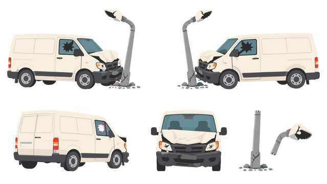 Damaged delivery van crashed into streetlight vector set