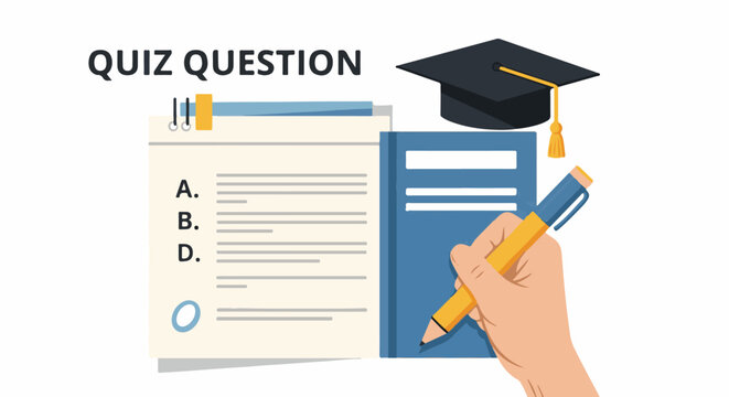 A hand holding a pen beside a quiz question sheet and graduation cap