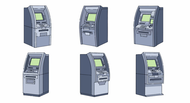 An illustration of six different angled views of a generic automated teller machine
