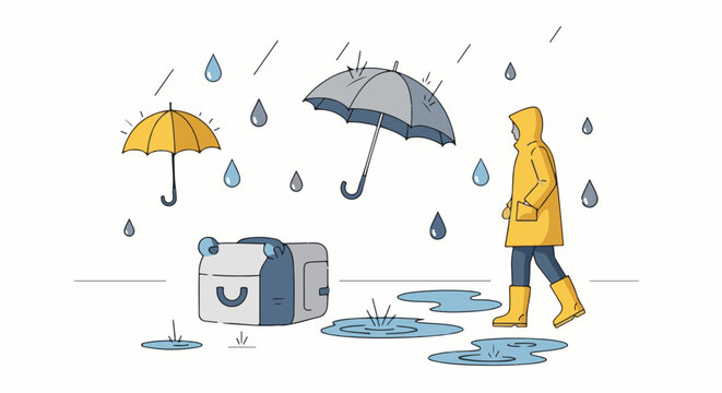 A person in a yellow raincoat walks past two umbrellas and a bag on a rainy day