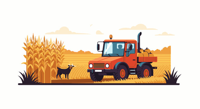 A red truck with a dog beside it in a cornfield