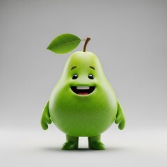 Obraz premium A charming bright green pear character with a wide happy smile and soft tactile texture, standing in a cheerful pose on a neutral studio, creative, cartoon, smile