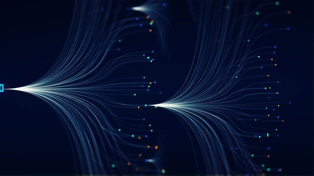 Abstract AI neural network and fiber optic data connection background representing big data technology flow, digital cloud computing, machine learning algorithm, and global information tech.
