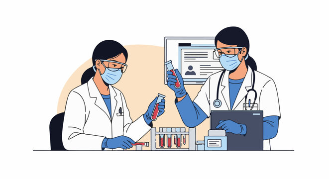 Two medical professionals examining blood samples in a laboratory setting