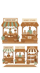 Obraz premium Farmer Selling Fresh Cheese and Honey at Market Stalls