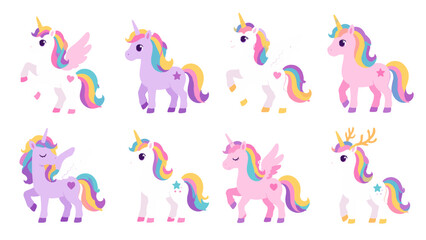 Cute pastel unicorn cartoon character set with rainbow mane © Alan