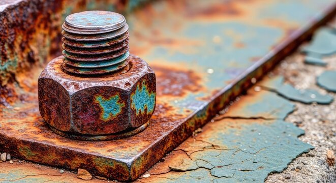 A macro shot showcasing a heavily weathered and oxidized metal bolt and nut assembly attached to a textured, decaying industrial surface, damaged, oxidation, pattern