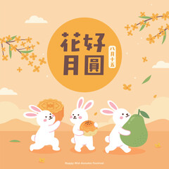 Naklejka premium Cute Mid-Autumn Festival Rabbits with Mooncake, Pomelo and Pastry Vector