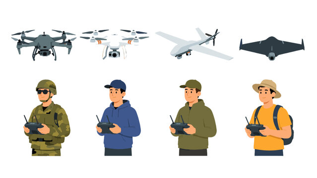 Drone aircraft and remote pilots illustrated set on white
