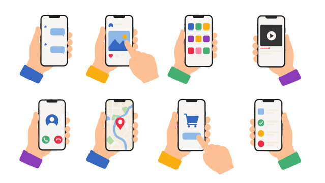 Set of hands holding smartphones with different app screens