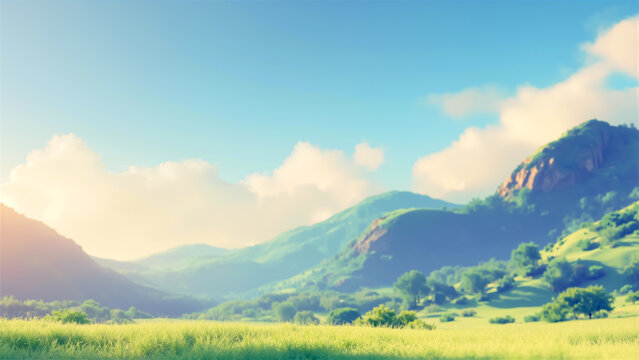 青空の下に広がる緑豊かな草原と連なる山々の風景、明るい陽光が差し込む平和な大自然の3D風景