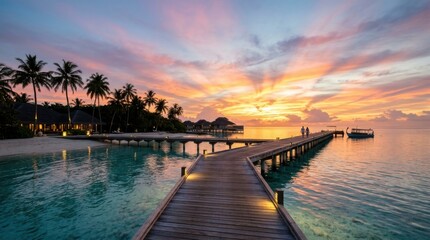 Obraz premium Luxury Tropical Island Resort Wooden Pier at Colorful Sunset Over Crystal Clear Lagoon