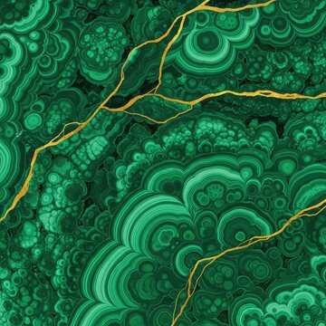 Abstract malachite pattern with golden veins. Rich green swirls and marbled textures create a luxurious and elegant mineral background, ornate, decorative, creative